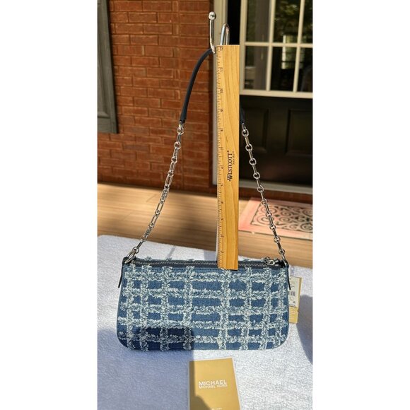 Michael Kors Empire Medium Frayed Blue Denim Chain-Link Pouchette 32S4S8EW6C - Picture 16 of 16